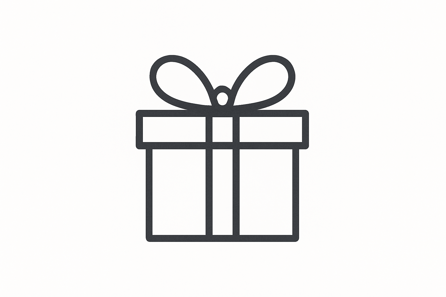 A minimalist line art icon of a gift box with an elegant bow on top. The icon should be a single, dark charcoal color (#333333) on a solid white background. The lines should be clean, have a consistent weight, and convey a sense of a special present. The icon should be perfectly centered. The style is modern and sophisticated.