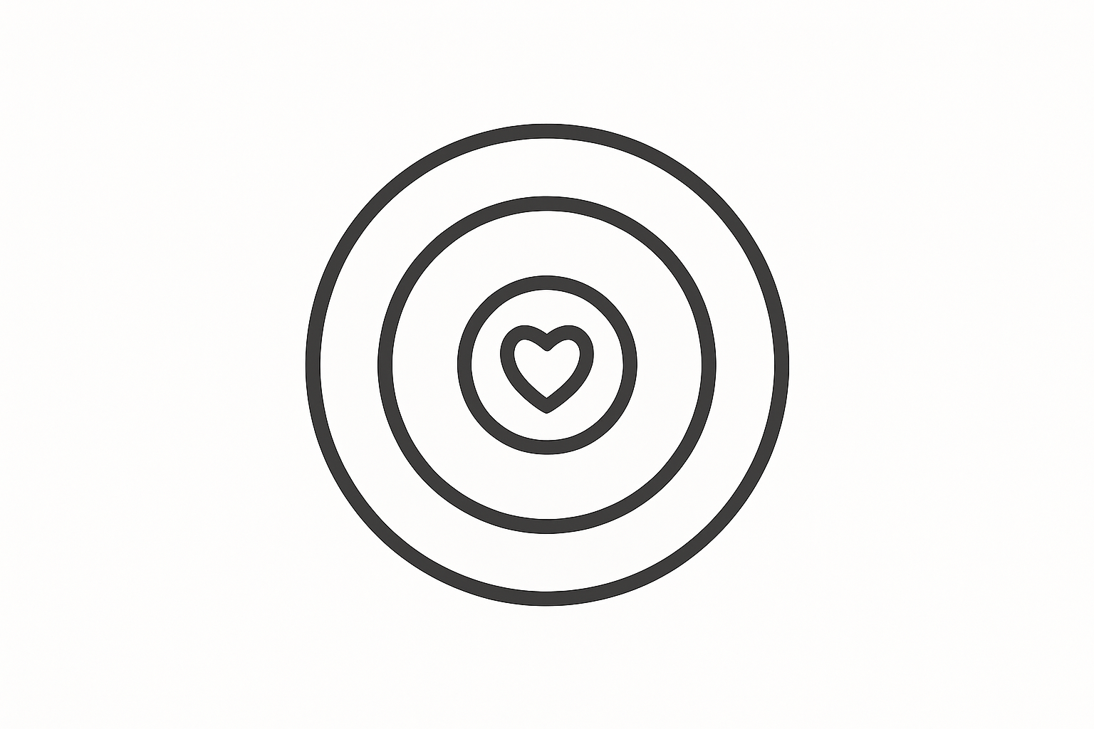 A minimalist line art icon of a target (bullseye) with a small, simple heart shape in the absolute center. The entire icon should be a single, dark charcoal color (#333333) on a solid white background. The lines must be clean, have a consistent weight, and the overall design should be perfectly centered. The style is modern and elegant, representing accuracy, finding the perfect solution, and precision.